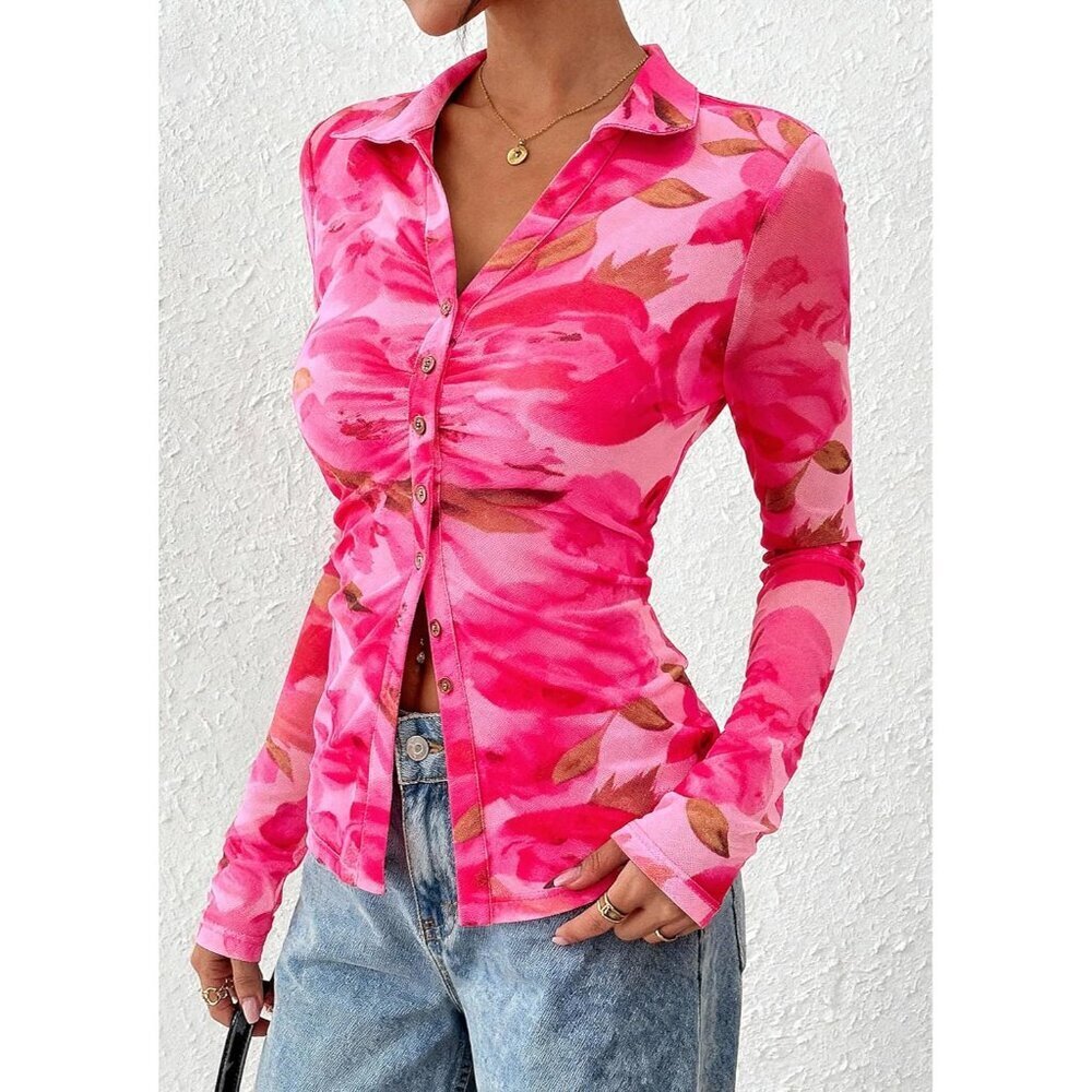 Women Floral Pink Button Down Floral Shirt Trendy Long Sleeve V Neck Blouse Tops - Picture 2 of 6